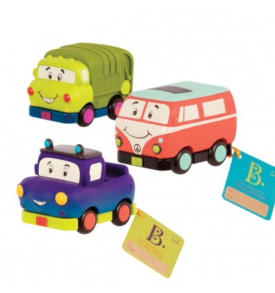 3 miękkie autka zestaw -  śmieciarka, bus, pickup Weeee-ls! B.Toys